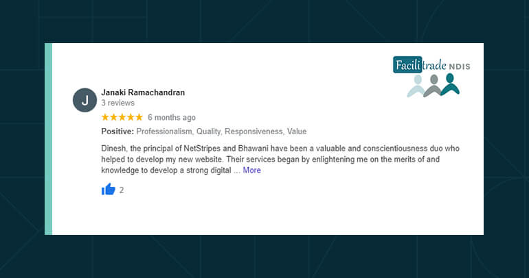 Image showing the Google Review of Janaki Ramachandran of Facilitrade NDIS