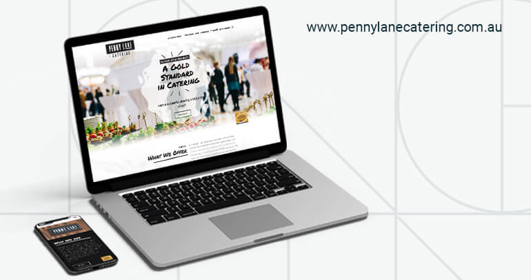 A laptop and a phone showing the Penny Lane Catering Website