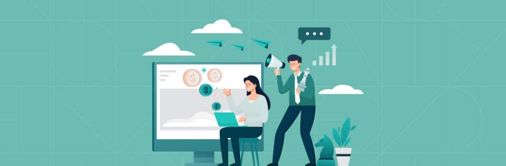 Graphic Art of a woman and a man in front of a computer representing how to get more out of your digital marketing budget