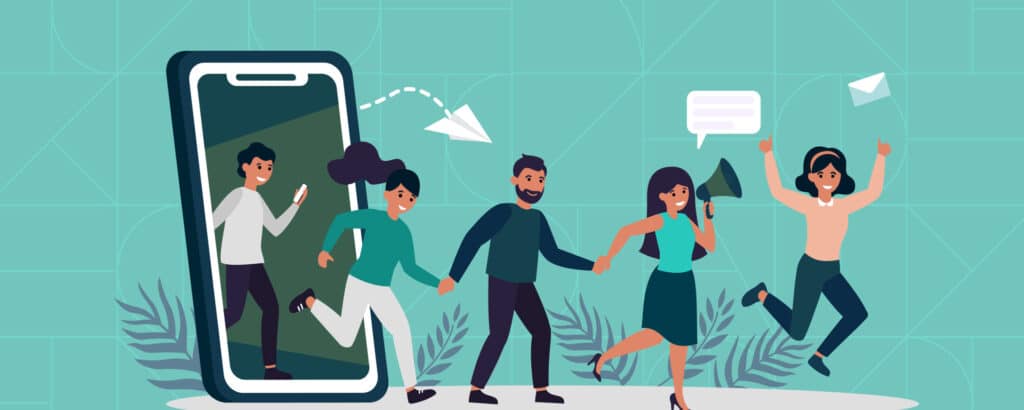 Graphic Art of people coming out of a mobile phone to anounce how to create a referral program for your business