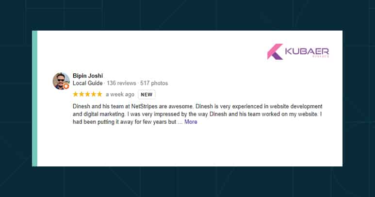 Image showing the Google Review of Bipin Joshi from Kubaer Finance