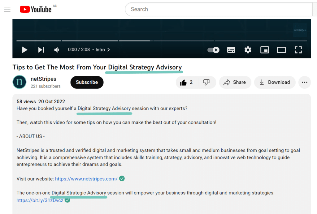 Netstripes YouTube videos are optimised with relevant keywords in  titles, descriptions, and tags to make it easily identifiable to search engines.