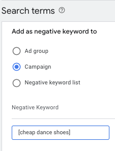 Negative Keywords in Google Ads - Negative Exact Match